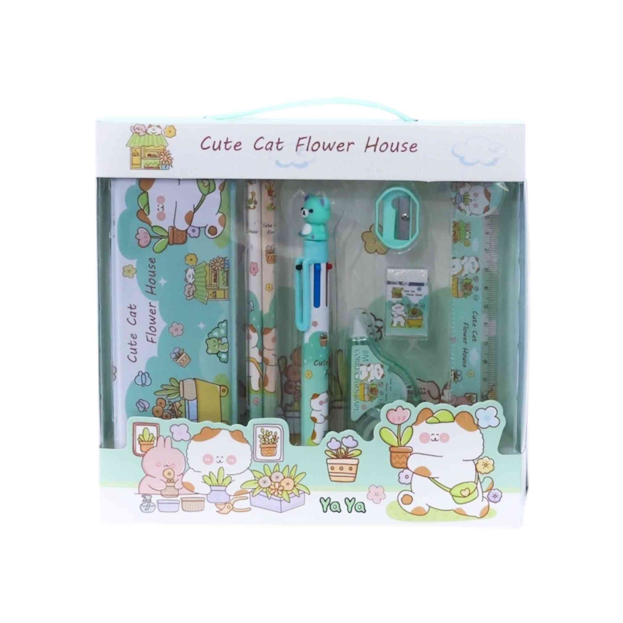 CUTE CAT STATIONERY SET - GREEN