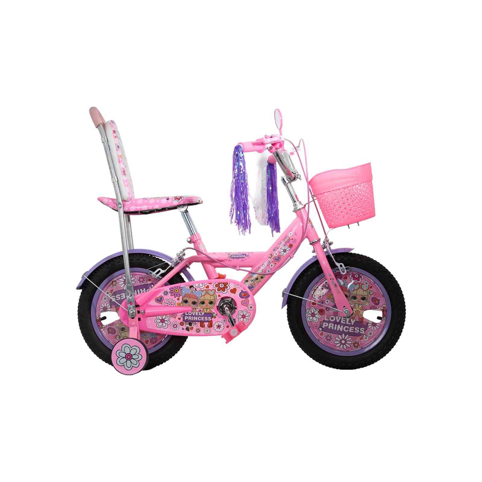 KIDS PINK FLOWER PRINCESS BICYCLE WITH BASKET & BACKREST