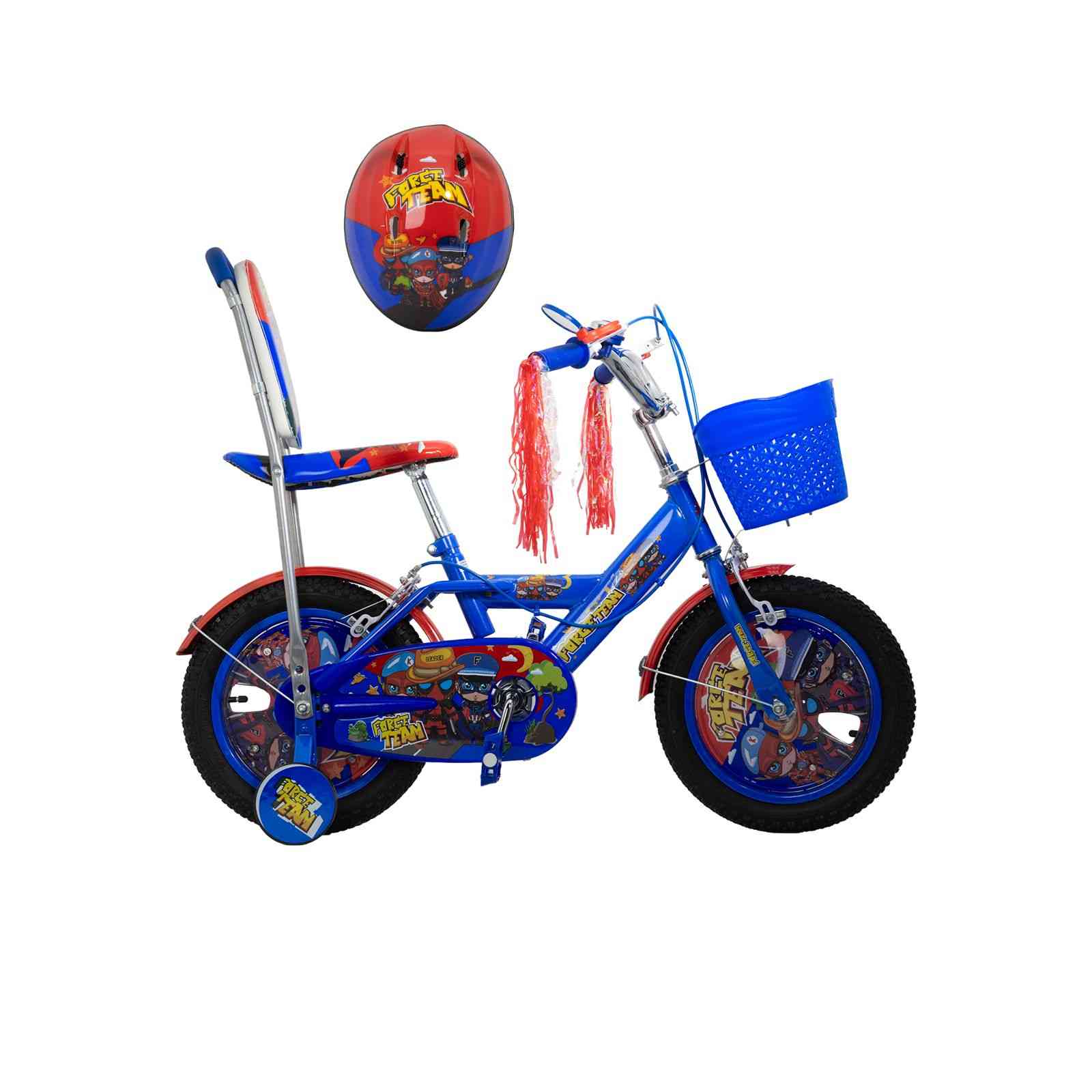 KIDS BLUE BICYCLE WITH BASKET, BACKREST & HELMET