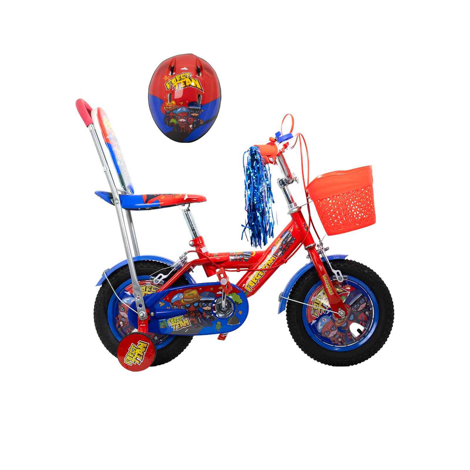 KIDS RED BICYCLE WITH BASKET, BACKREST & HELMET