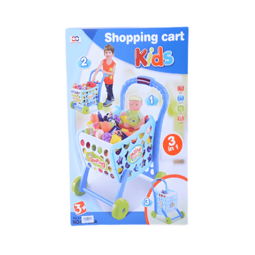 3-in-1 Kids Shopping Cart Playset with Doll & Accessories- BLUE