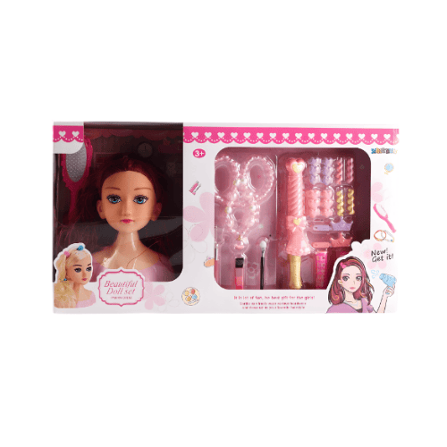 Styling DOLL HEAD with Hair Accessories & Tools - Brunette with Pink top
