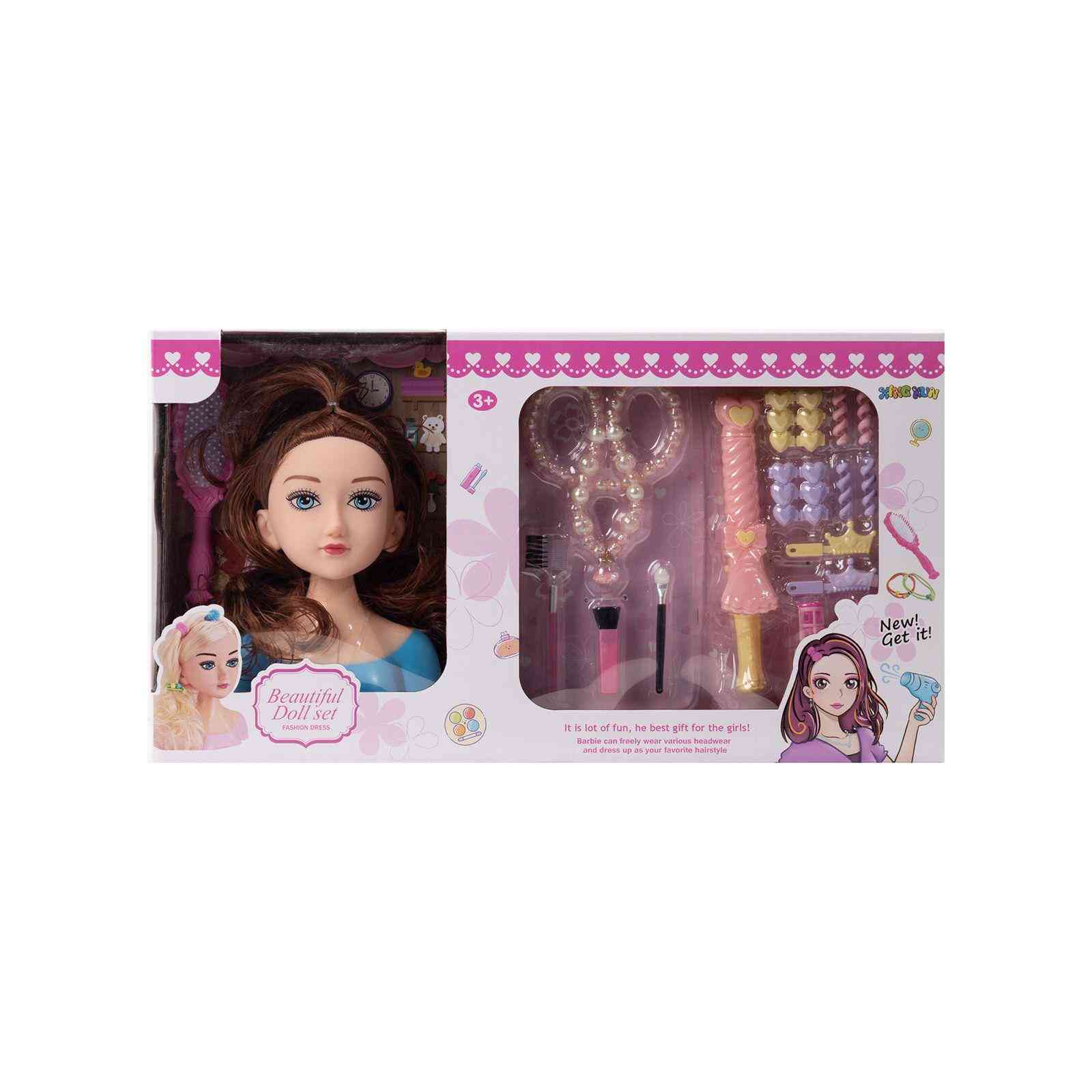 Styling Doll Head with Hair Accessories & Tools – Brunette, Blue Top
