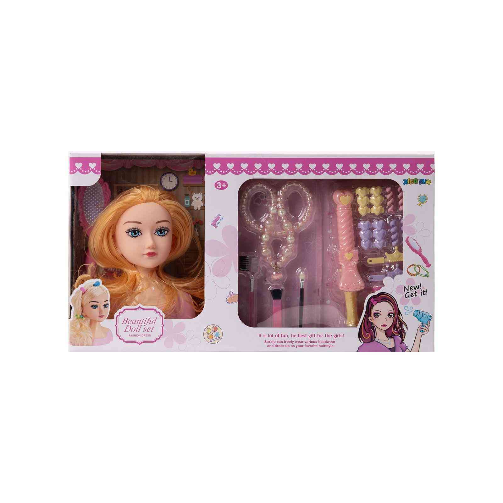 Styling DOLL HEAD with Hair Accessories & Tools - Blonde , Pink Top