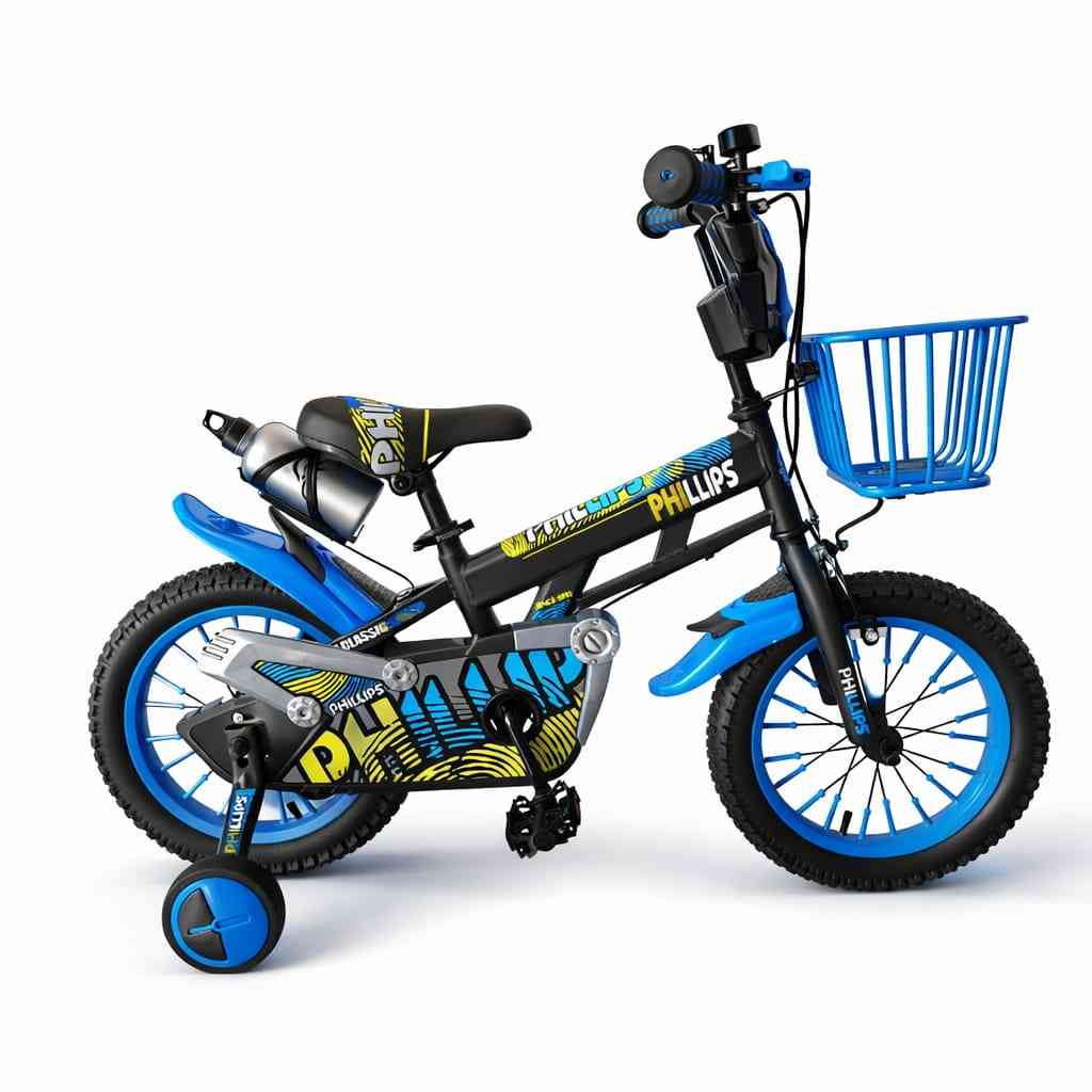 Kids Bicycle 12” Sport Model with Training Wheels & Front Basket – Black × Blue