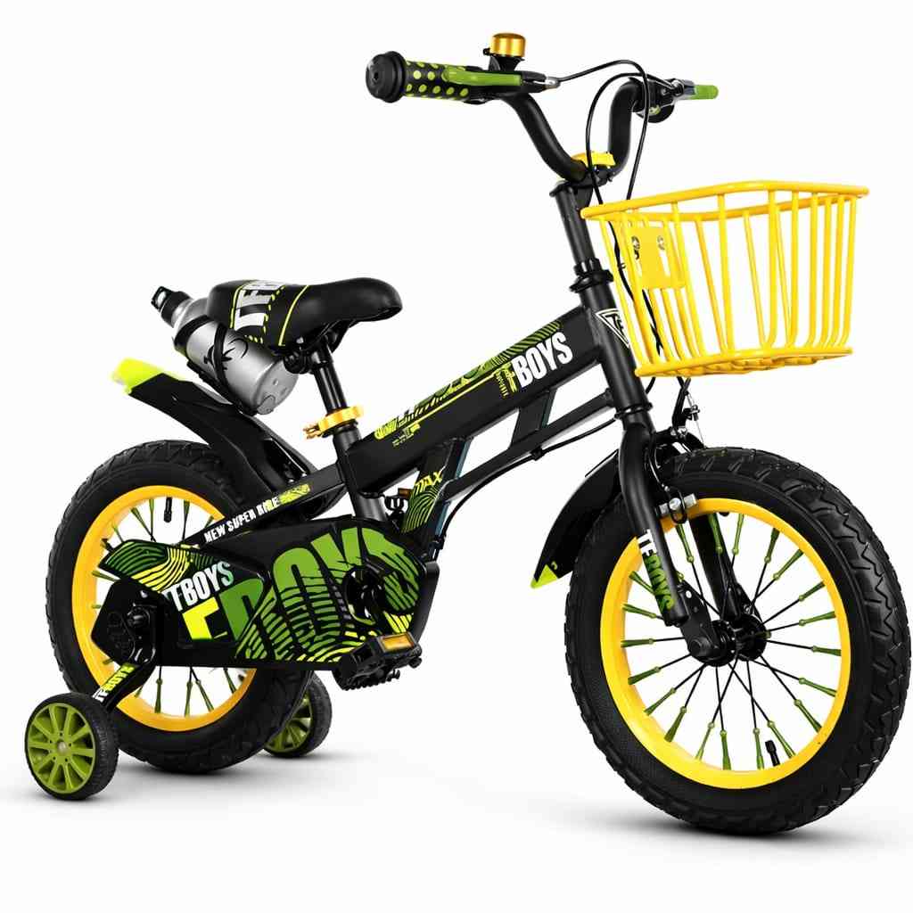 Kids Bicycle 12” Sport Model with Training Wheels & Front Basket – Black × Yellow