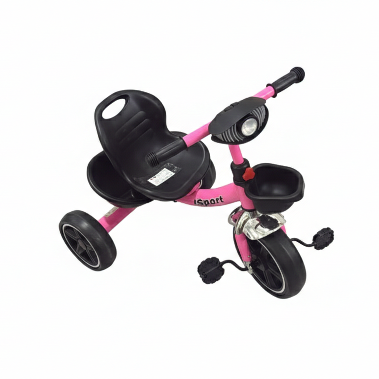 Kids Tricycle with Front Light & Storage Basket – Pink × Black