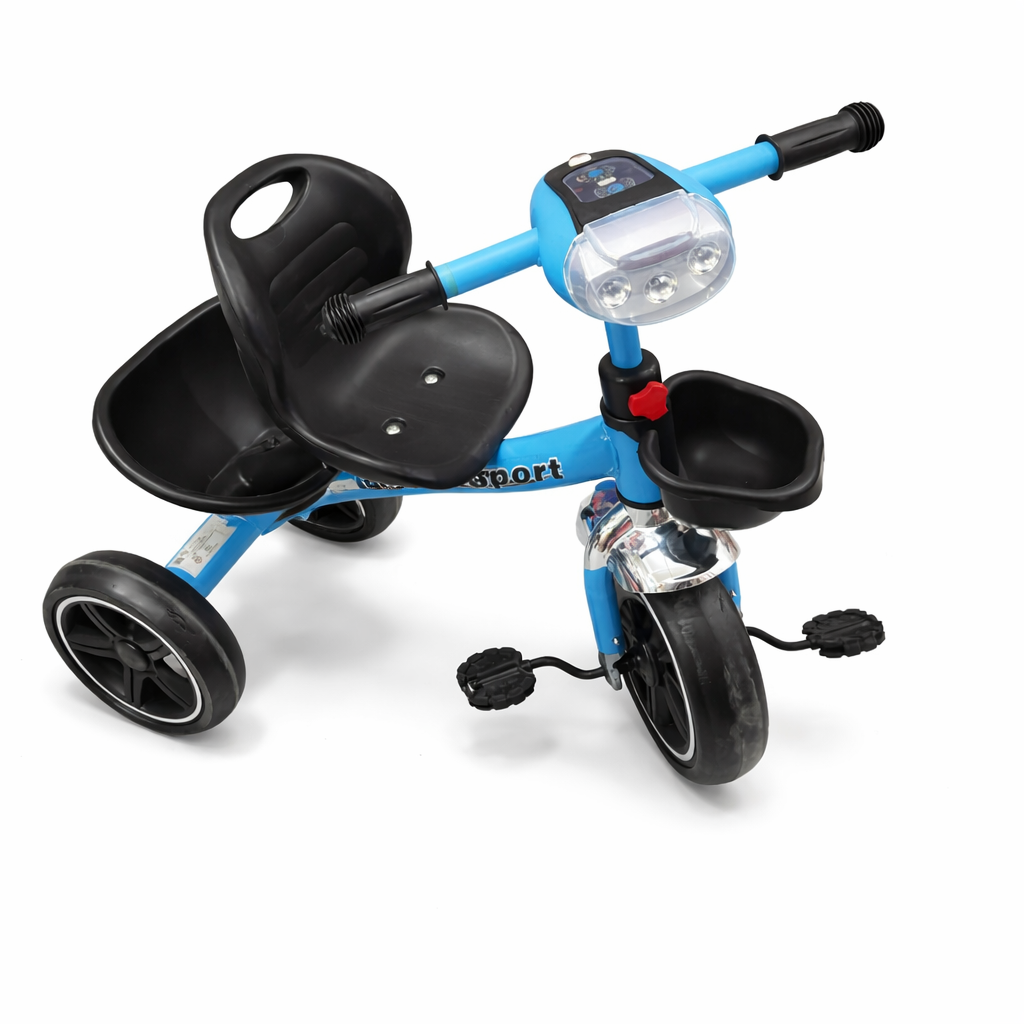 Kids Tricycle with Dual Baskets & Front Light – Blue × Black