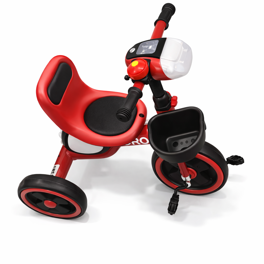 Kids Tricycle with Front Light & Music Button – Red