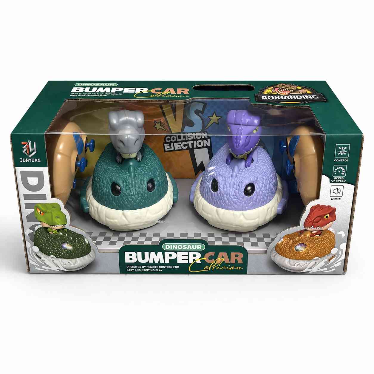 Dinosaur Bumper Cars RC Set – 2.4GHz Collision Battle Game with Sound & Lights - purple & green