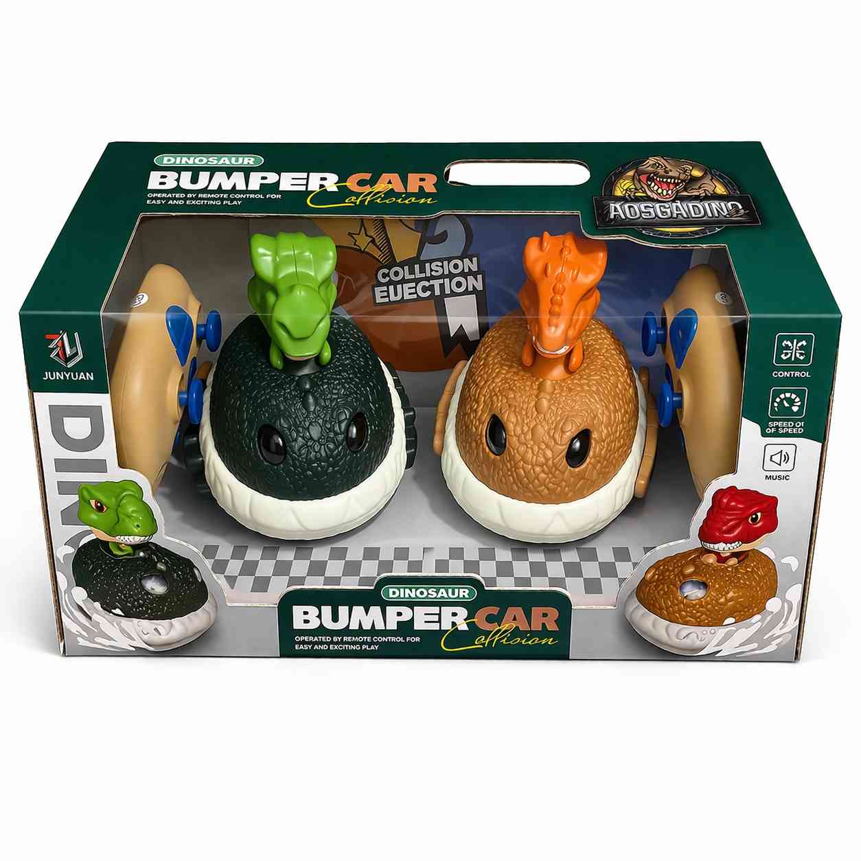 Dinosaur Bumper Cars RC Set – 2.4GHz Collision Battle Game with Sound & Lights - brown & green