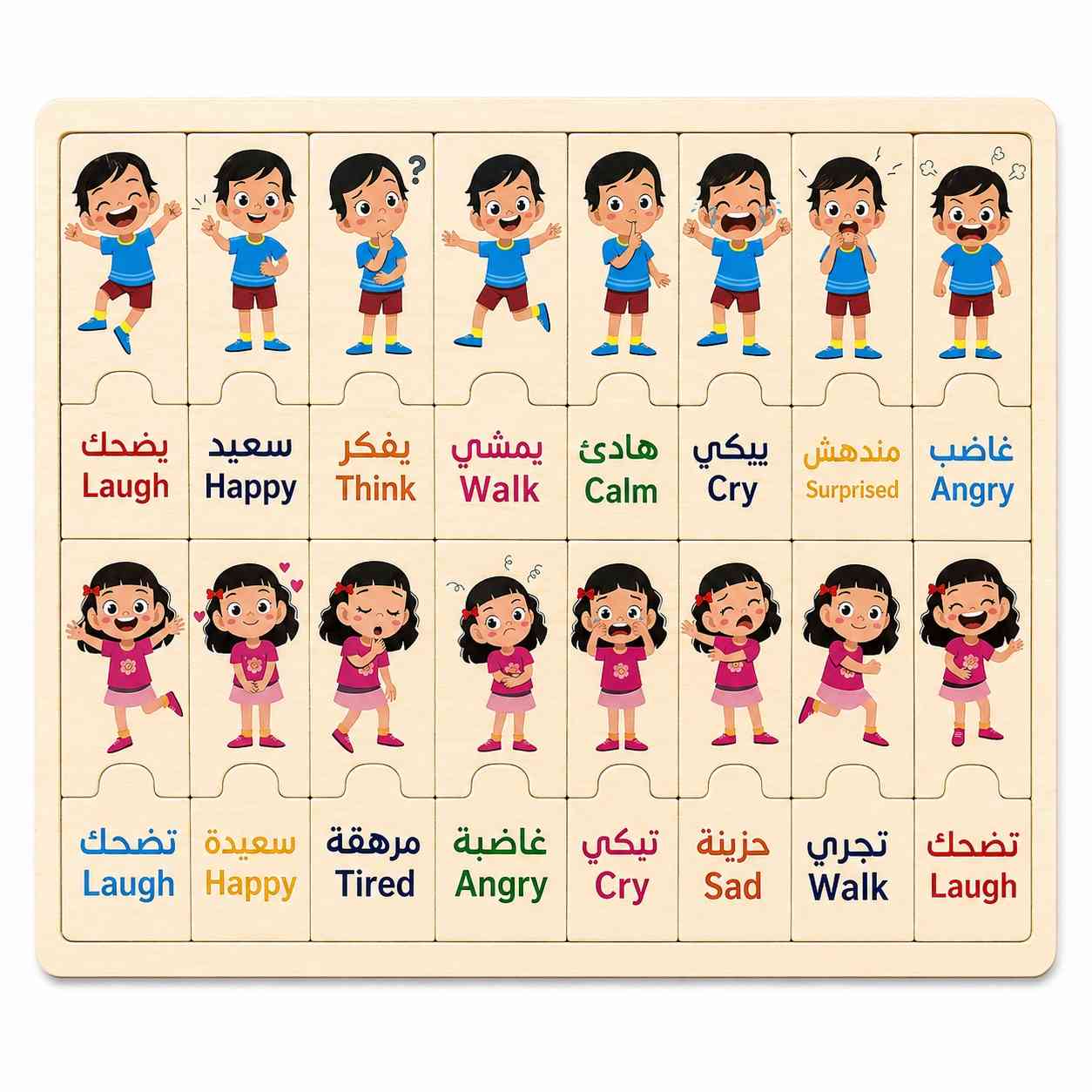 Kids Emotions & Actions Wooden Puzzle Board – Arabic & English