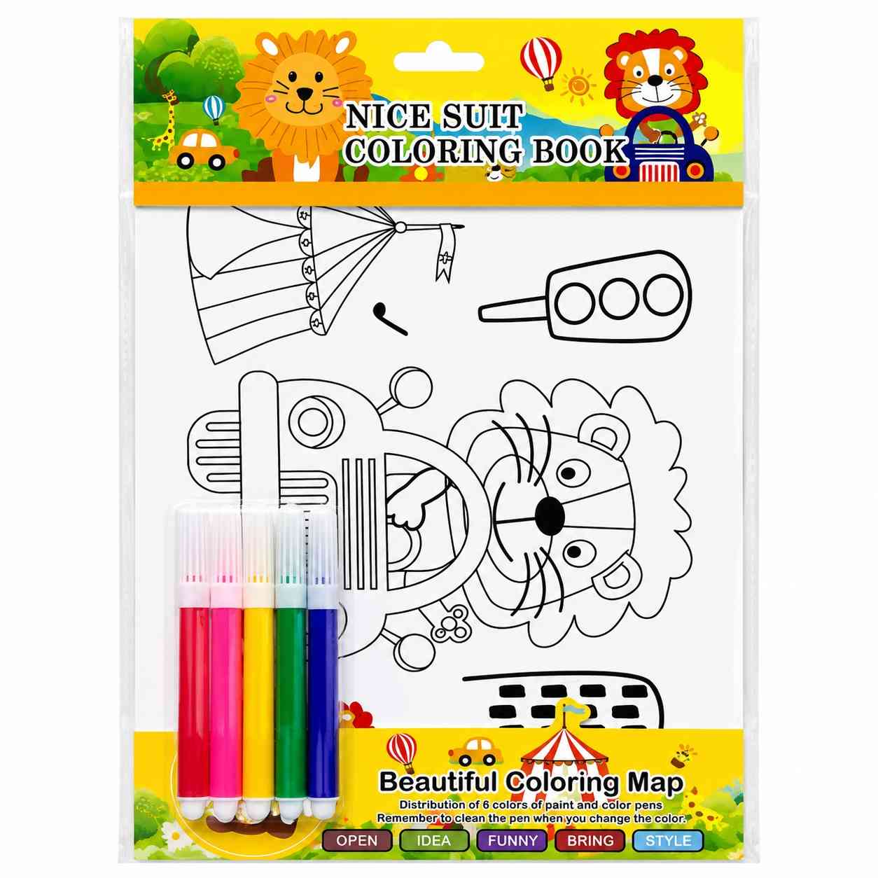 Animal World Coloring Book with Color Pens - Yellow