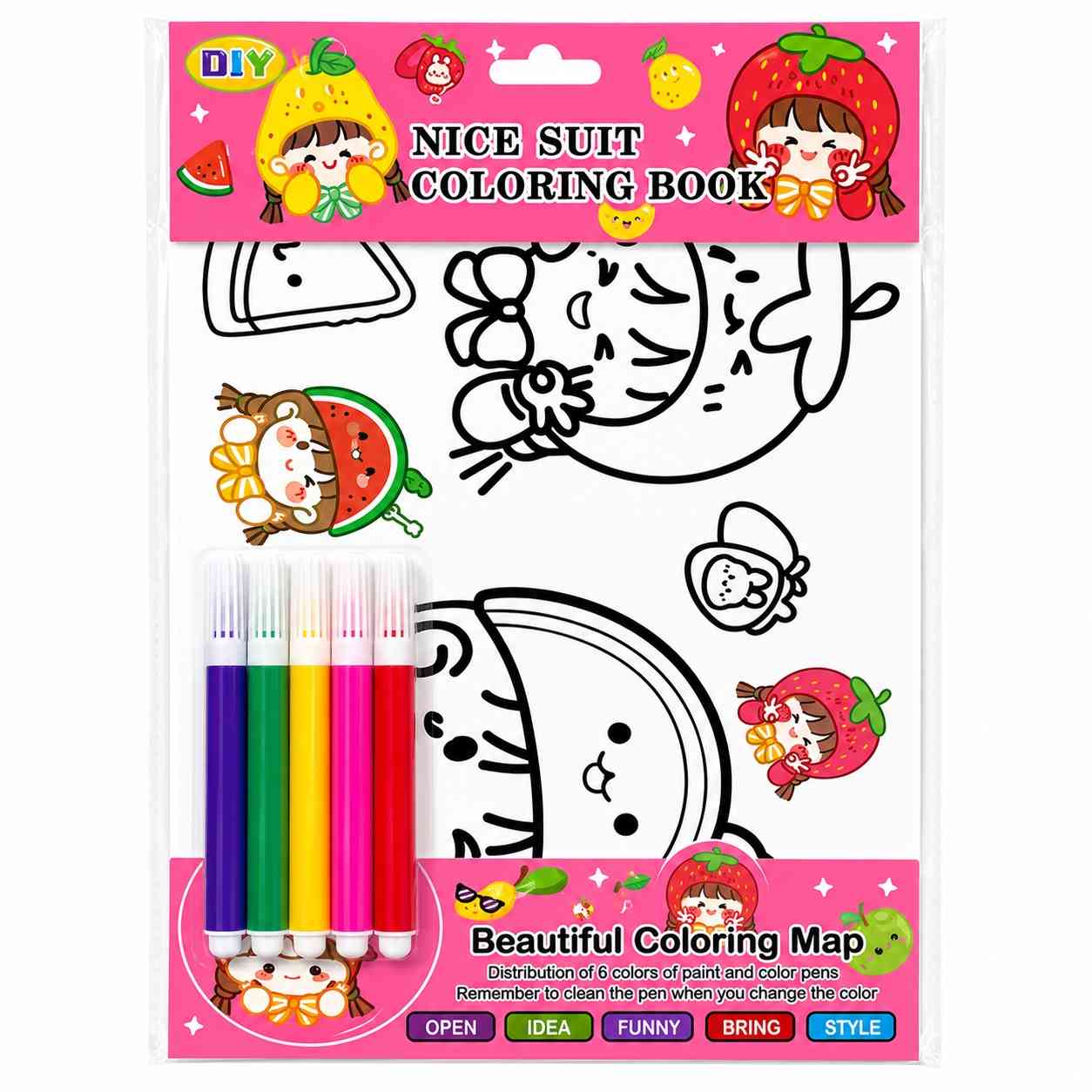 Fruit Friends Coloring Book with Color Pens - Pink
