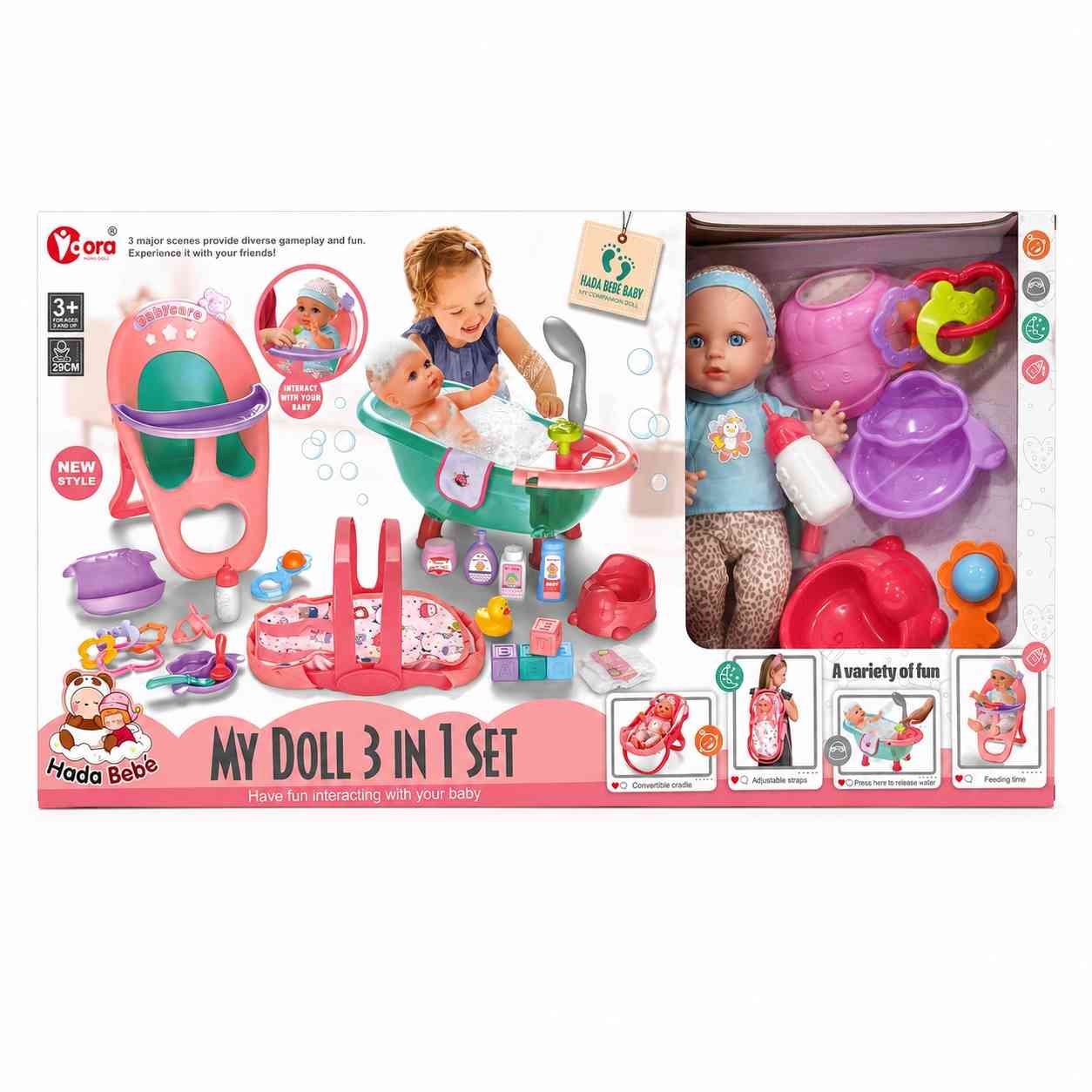 3-in-1 Baby Doll Care Set with Bathtub, Feeding Chair & Carry Cradle