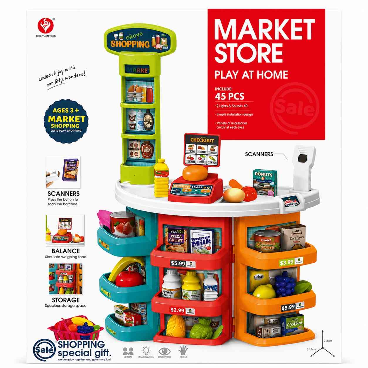 Kids Supermarket Play Set with Cash Register, Scale & Scanner – 45 Pieces