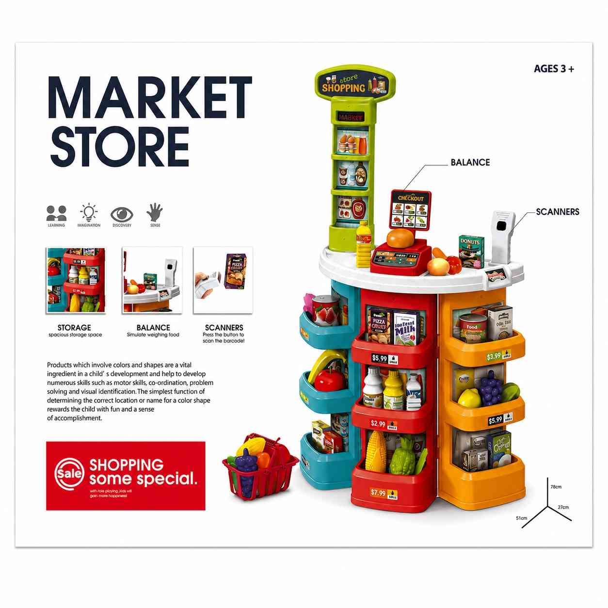 Kids Supermarket Play Set with Cash Register, Scale & Scanner – 45 Pieces