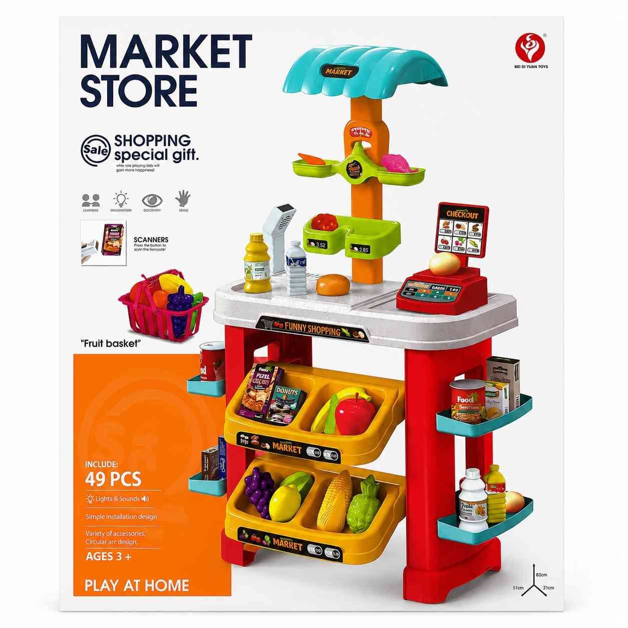 Kids Market Store Play Set with Cash Register, Scale & Barcode Scanner – 49 Pieces