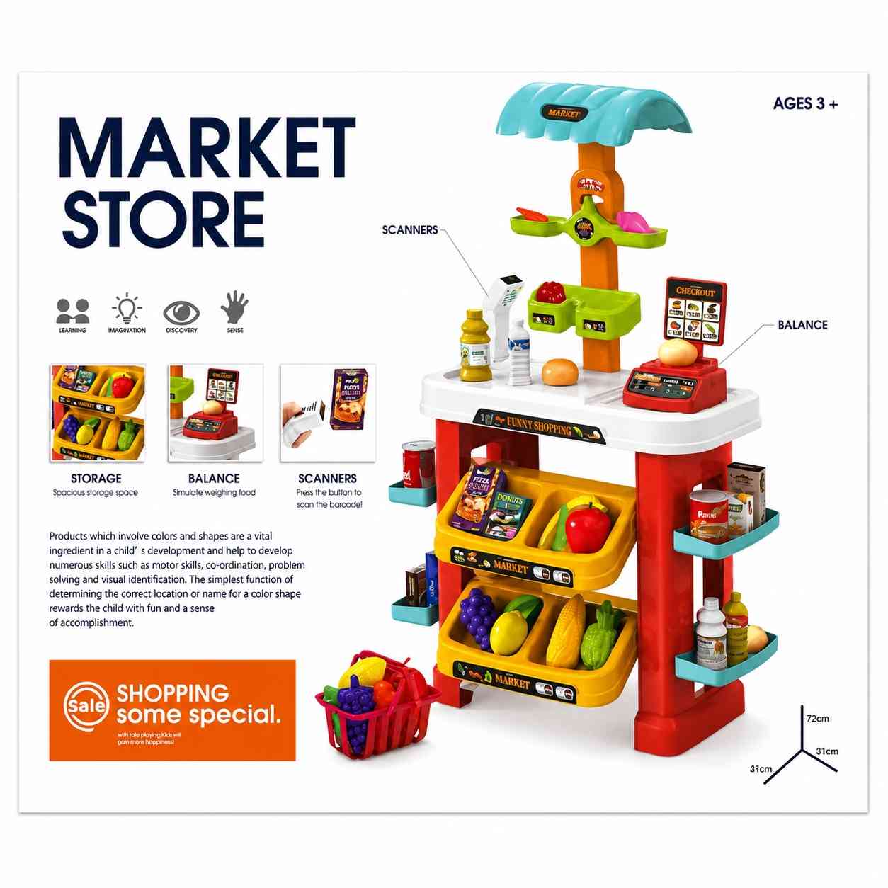 Kids Market Store Play Set with Cash Register, Scale & Barcode Scanner – 49 Pieces
