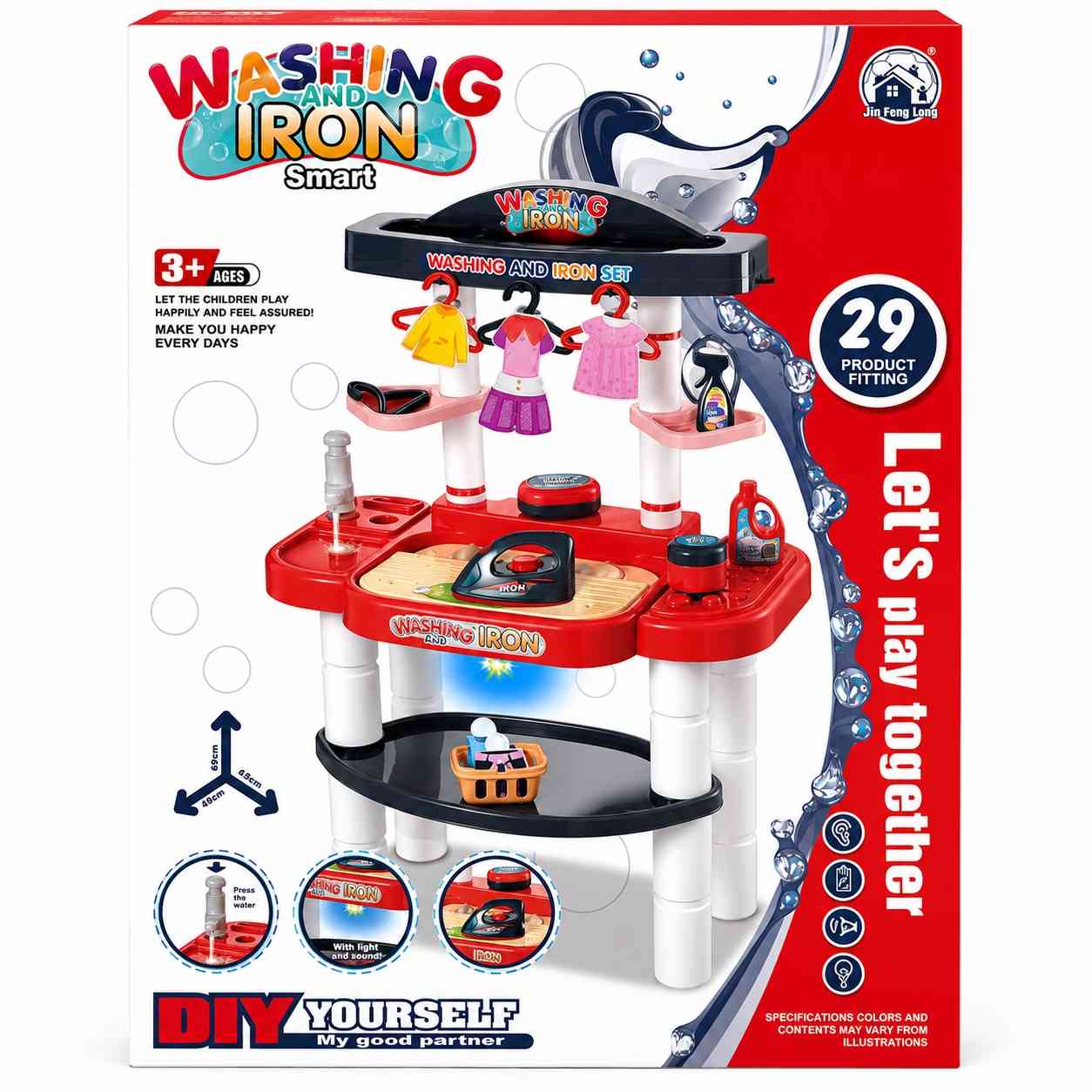 Kids Washing & Ironing Play Set with Light & Sound Iron – 29 Pieces