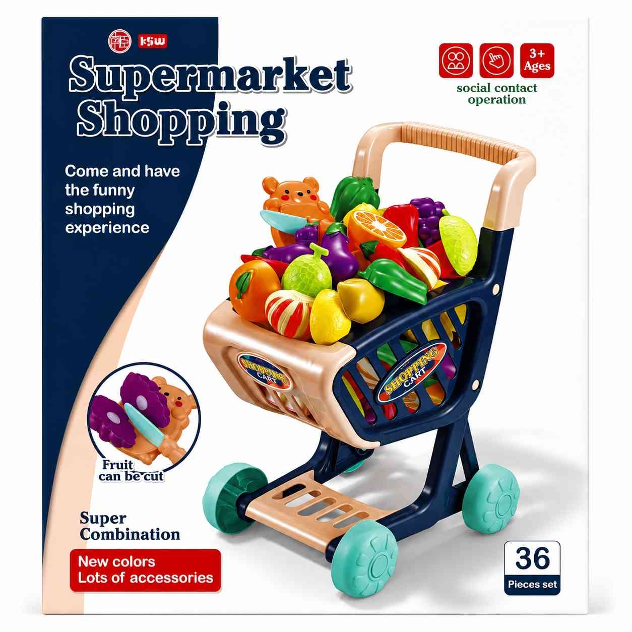 Kids Shopping Cart Play Set with Cuttable Fruits & Vegetables – 36 Pieces