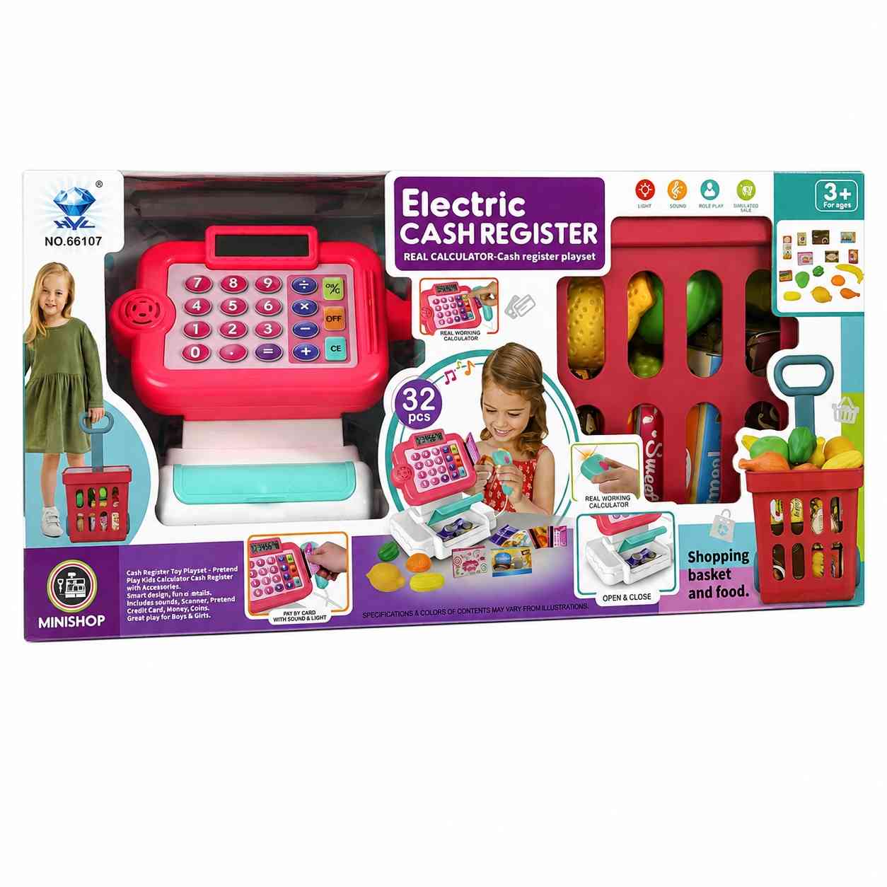 Electric Supermarket Cash Register Playset with Shopping Basket & Food – 32 Pieces- Pink