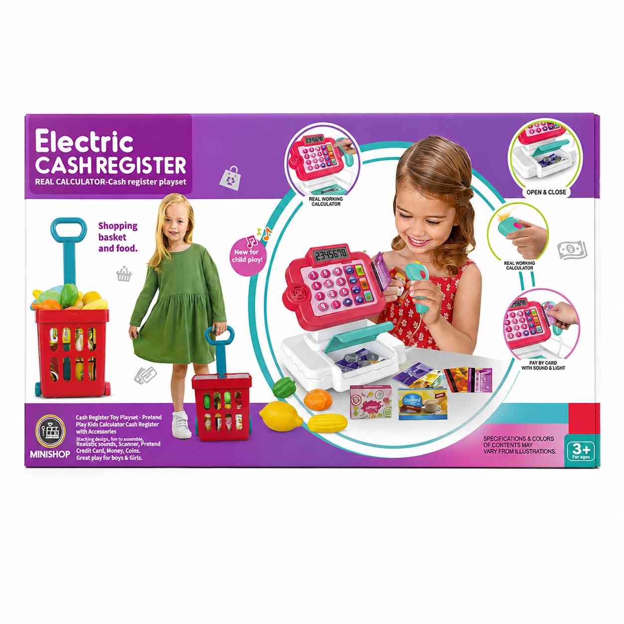 Electric Supermarket Cash Register Playset with Shopping Basket & Food – 32 Pieces- Pink