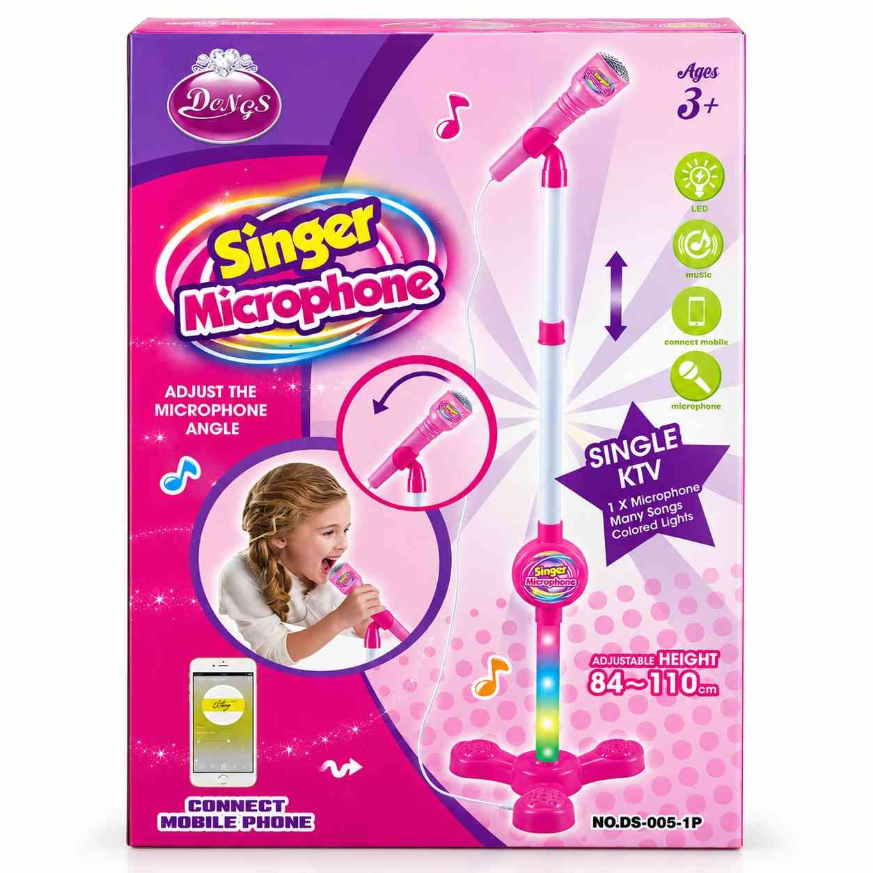 Kids Singer Microphone with Adjustable Stand, Colorful Lights & Phone Connection