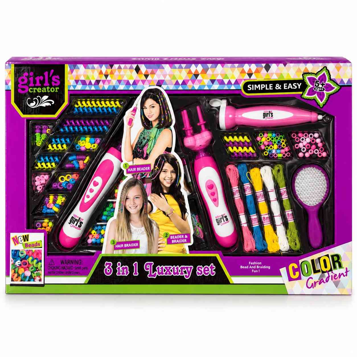 Girls 3-in-1 Hair Beading & Braiding Styling Set with Colorful Accessories