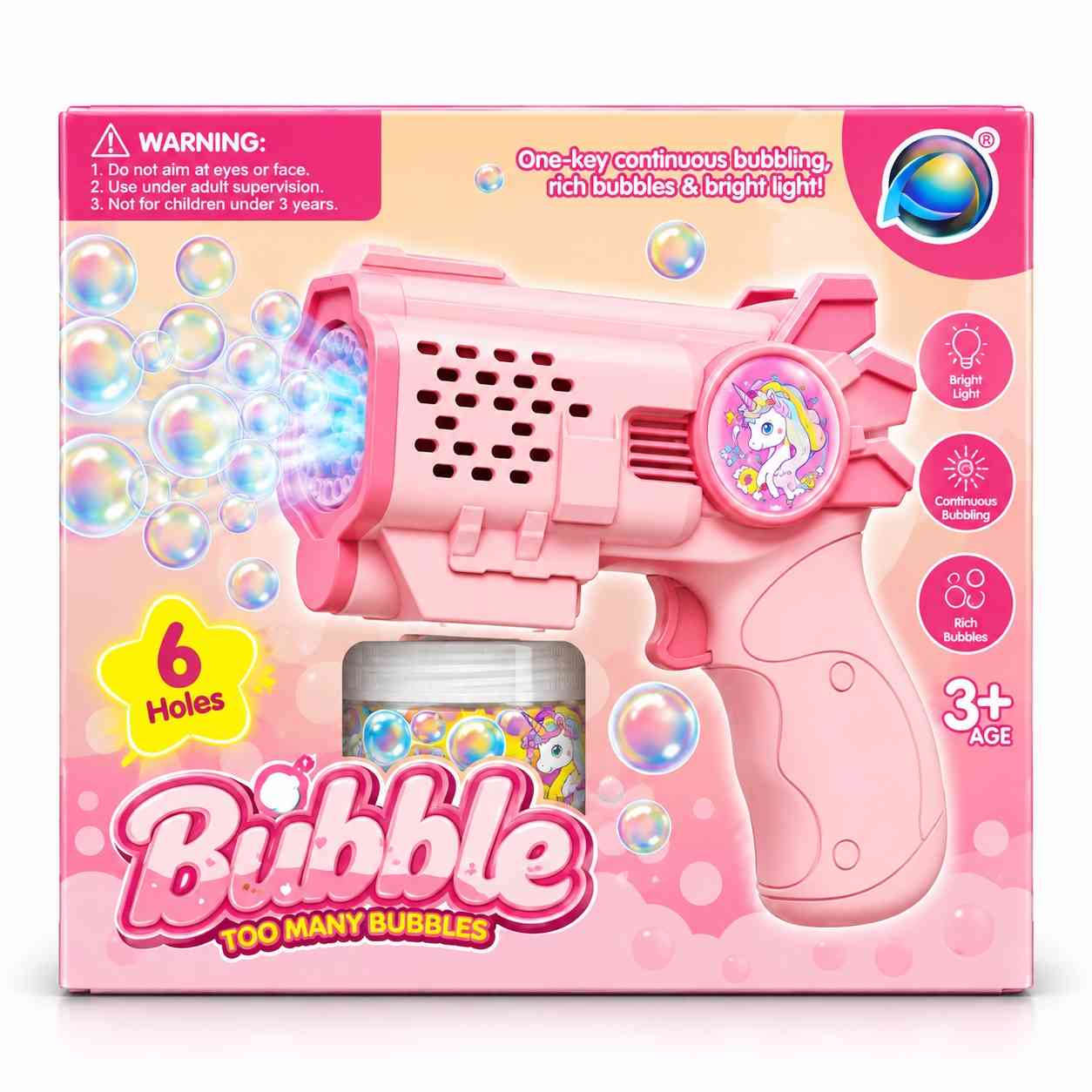6-Hole Bubble Blaster Toy with Lights – One-Touch Continuous Bubbles - Pink